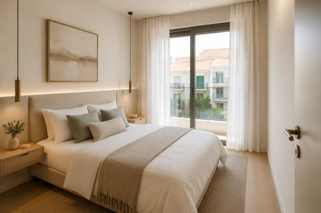 Quarto com cama de casal, cortinas claras e porta envidraçada para a varanda.